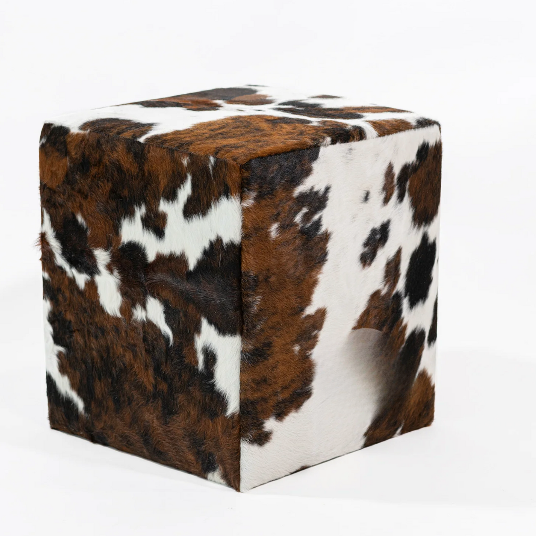 Brown + White Square Cowhide Ottoman - The Boho House