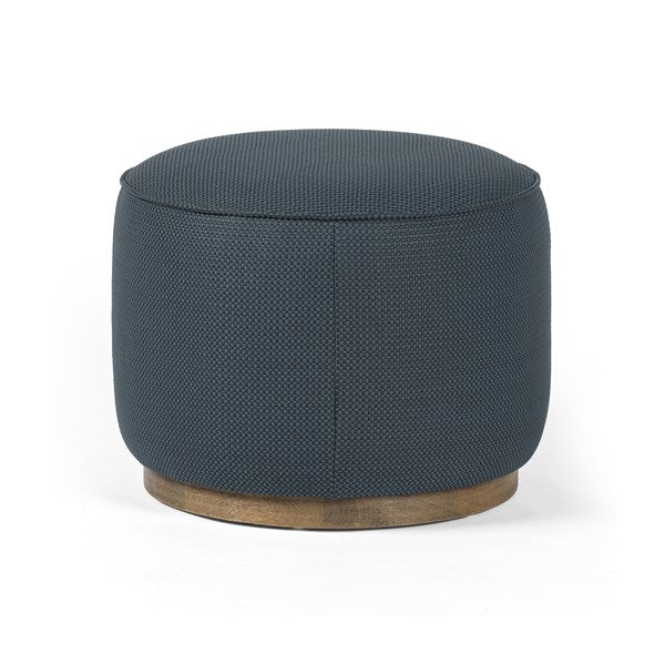 20" Blue Abstract Round Pouf Ottoman - Faux Leather - Blue Leather - Wooden Base - The Boho House