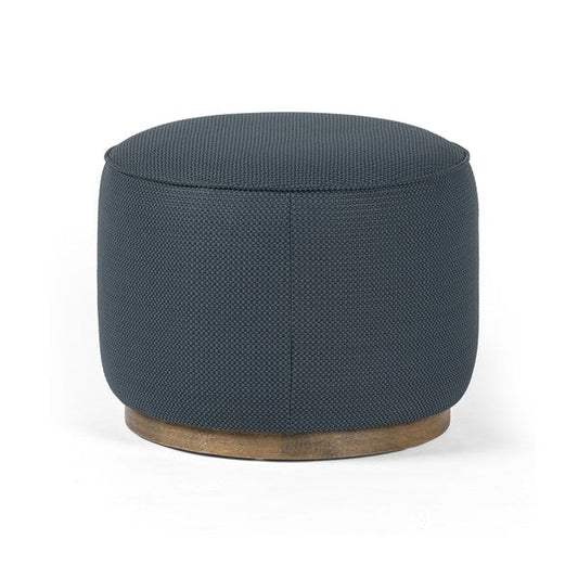 20" Blue Abstract Round Pouf Ottoman - Faux Leather - Blue Leather - Wooden Base - The Boho House