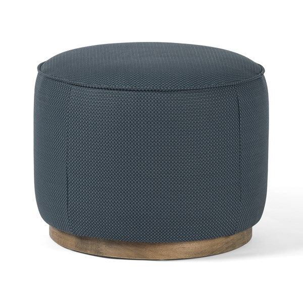 20" Blue Abstract Round Pouf Ottoman - Faux Leather - Blue Leather - Wooden Base - The Boho House