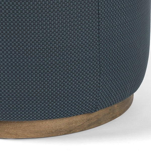 20" Blue Abstract Round Pouf Ottoman - Faux Leather - Blue Leather - Wooden Base - The Boho House
