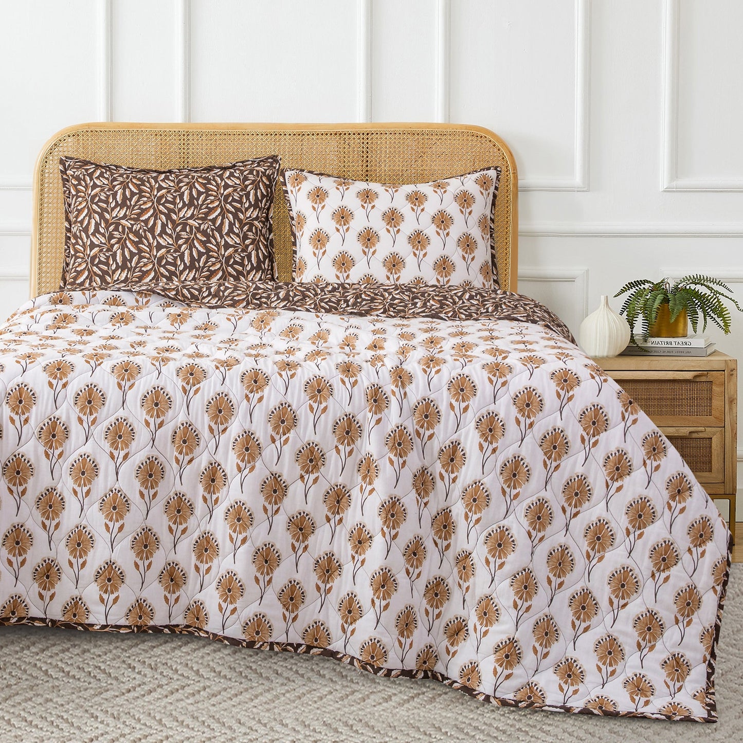 Radiant Garden Reversible Quilt Set - Orange & White - Floral Pattern - Brown & Tan Leaves Reverse pattern - The Boho House