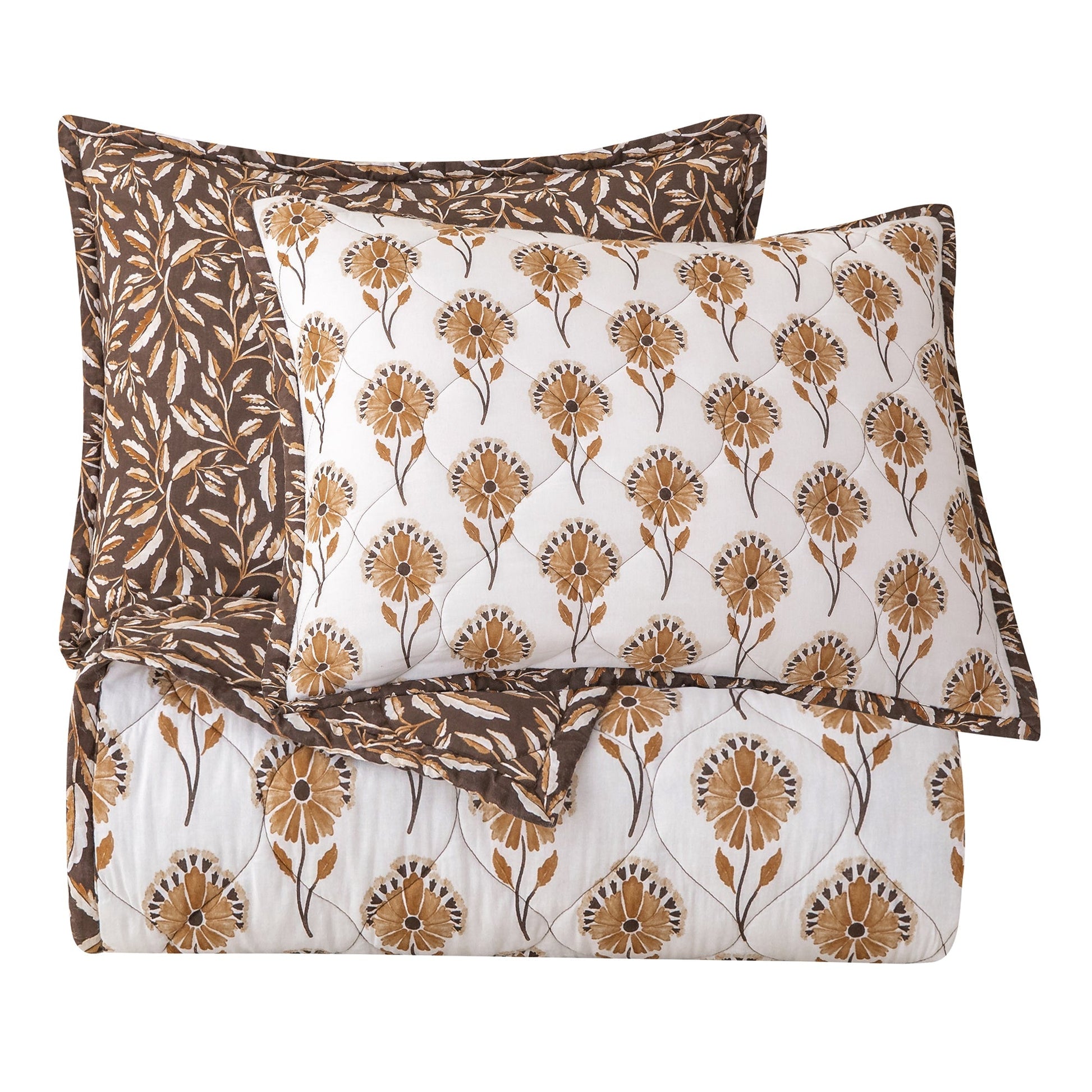 Radiant Garden Reversible Quilt Set - Orange & White - Floral Pattern - Brown & Tan Leaves Reverse pattern - The Boho House