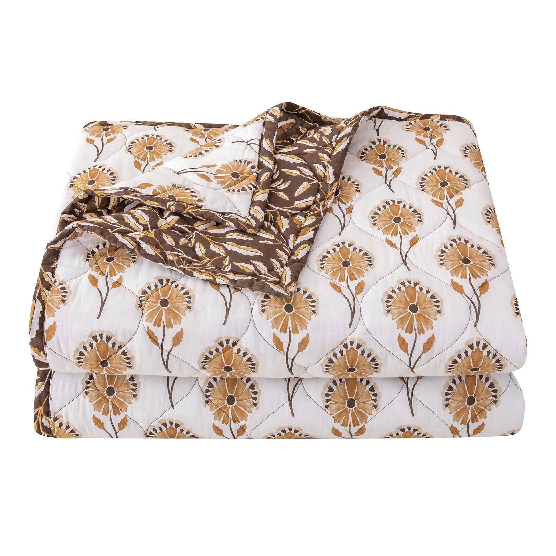 Radiant Garden Reversible Quilt Set - Orange & White - Floral Pattern - Brown & Tan Leaves Reverse pattern - The Boho House