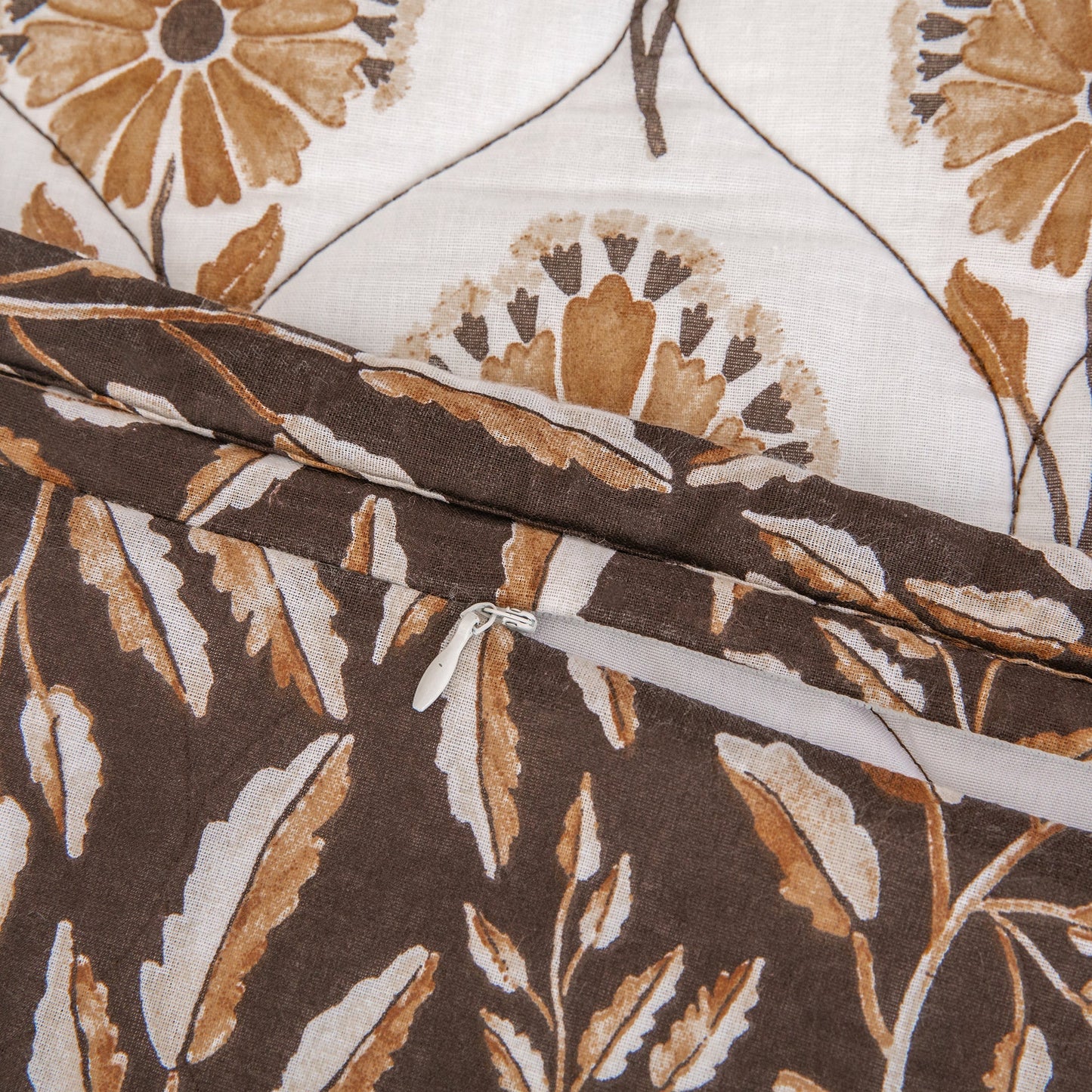 Radiant Garden Reversible Quilt Set - Orange & White - Zipper closure Pillow Shams - Floral Pattern - Brown & Tan Leaves Reverse pattern - The Boho House