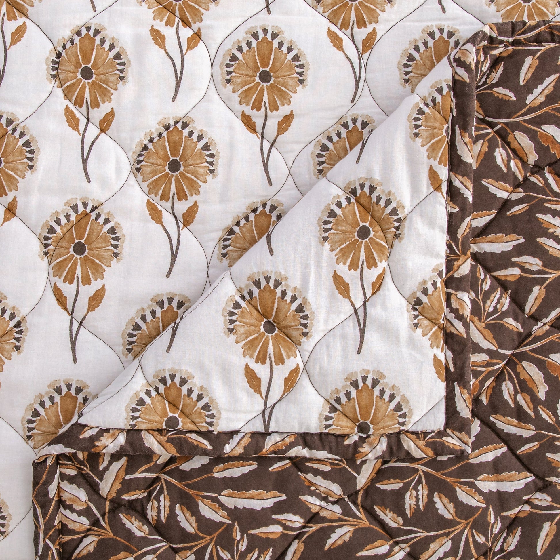 Radiant Garden Reversible Quilt Set - Orange & White - Floral Pattern - Brown & Tan Leaves Reverse pattern - The Boho House