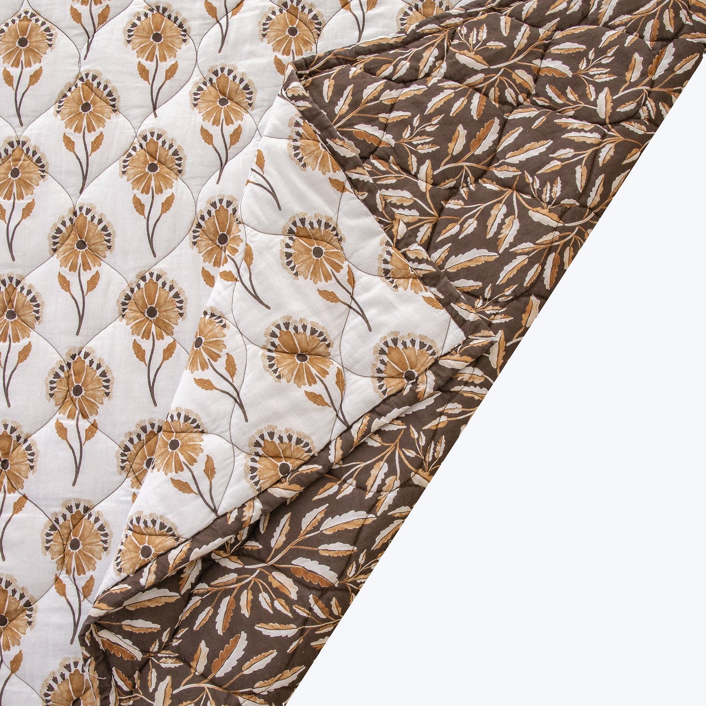Radiant Garden Reversible Quilt Set - Orange & White - Floral Pattern - Brown & Tan Leaves Reverse pattern - The Boho House