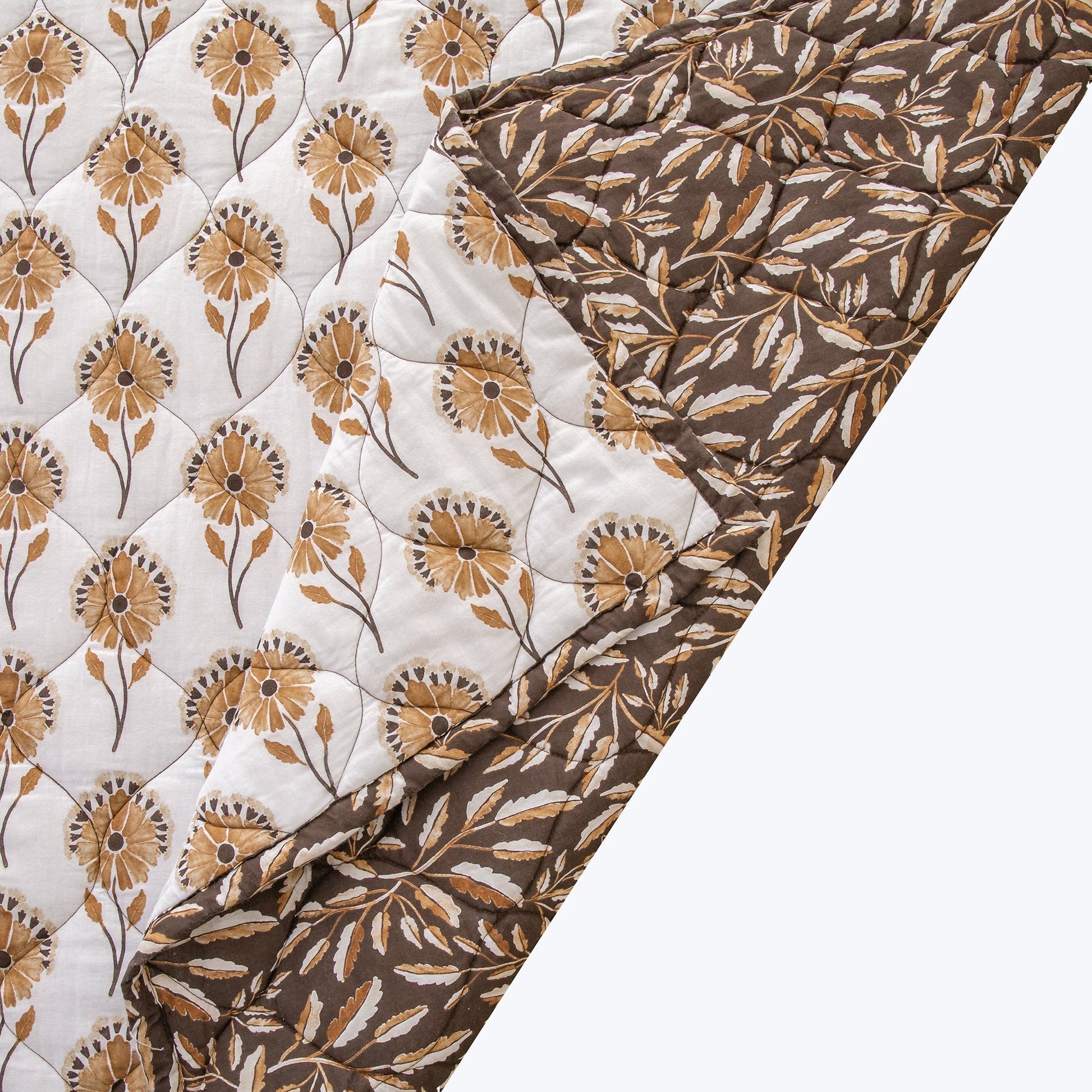 Radiant Garden Reversible Quilt Set - Orange & White - Floral Pattern - Brown & Tan Leaves Reverse pattern - The Boho House