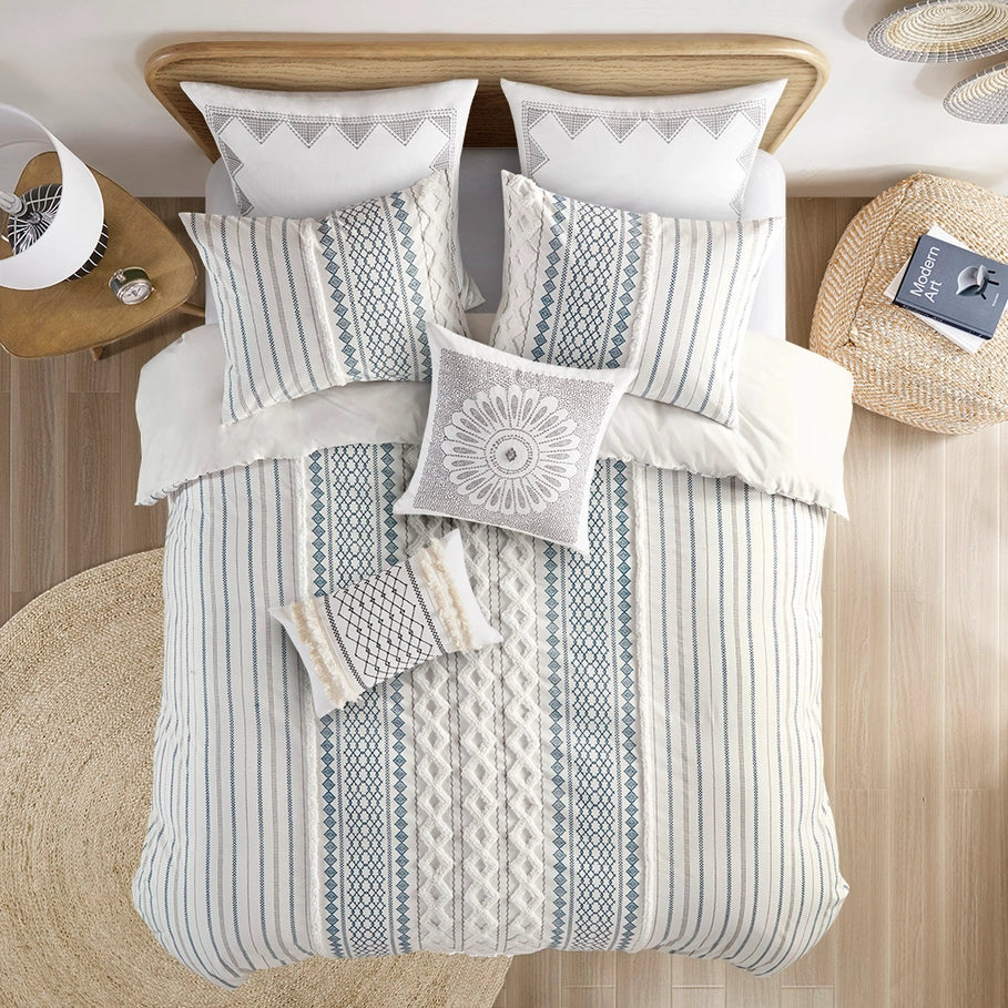 Adel Boho Comforter Set in white, blues and taupe - The Boho House Home Decor