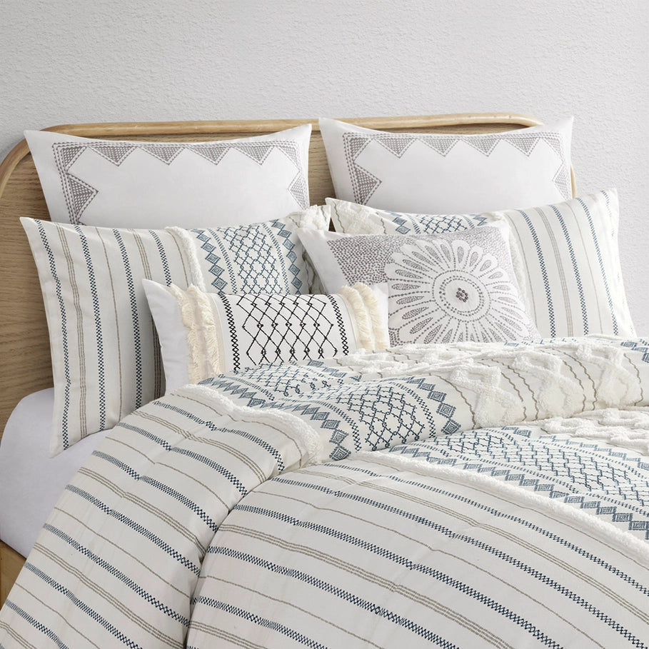 Adel Boho Comforter Set in white, blues and taupe - The Boho House Home Decor