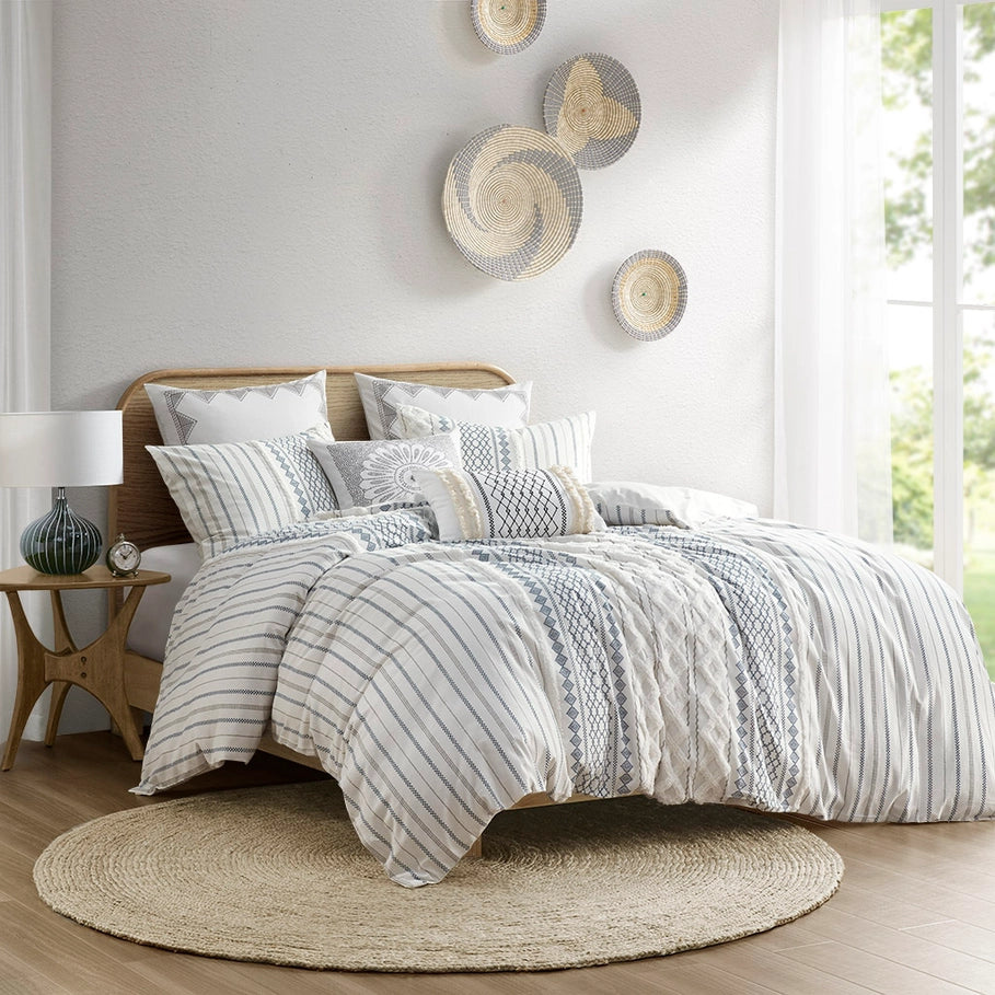 Adel Boho Comforter Set in white, blues and taupe - The Boho House Home Decor
