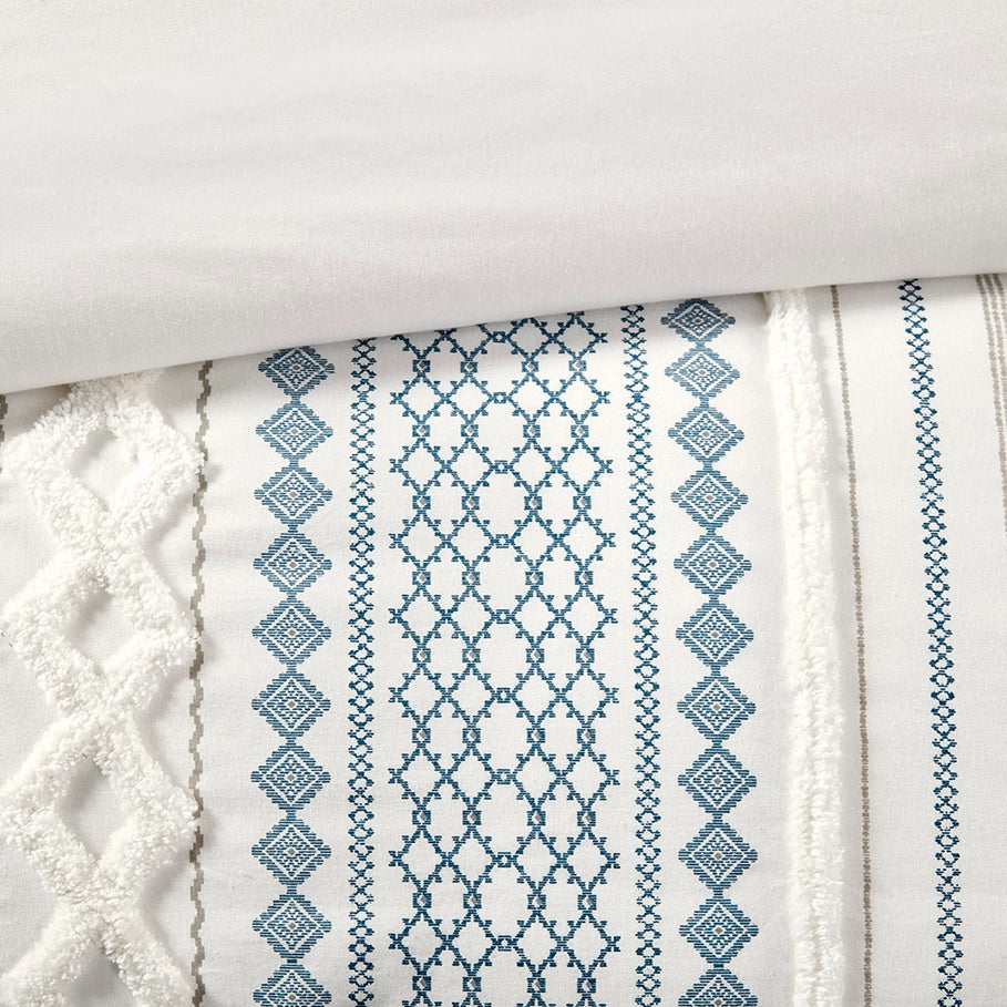 Adel Boho Comforter Set detail in white, blues and taupe - The Boho House Home Decor