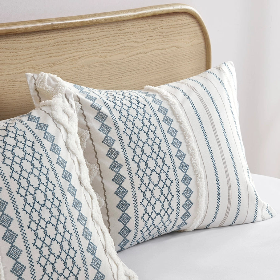 Adel Boho Comforter Set with pillow shams in white, blues and taupe - The Boho House Home Decor