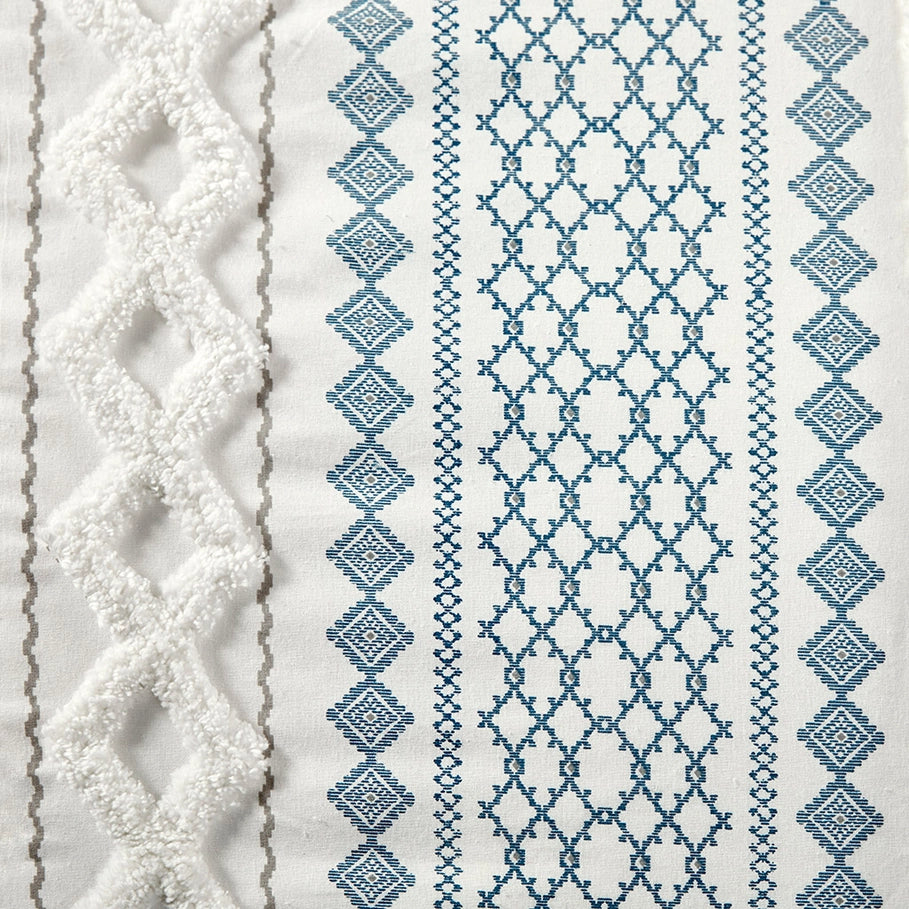 Adel Boho Comforter Set in white, blues and taupe fabric detail - The Boho House Home Decor