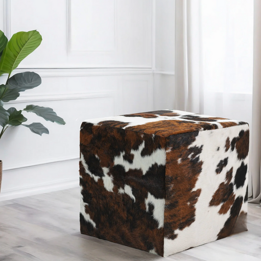 Brown + White Square Cowhide Ottoman - The Boho House