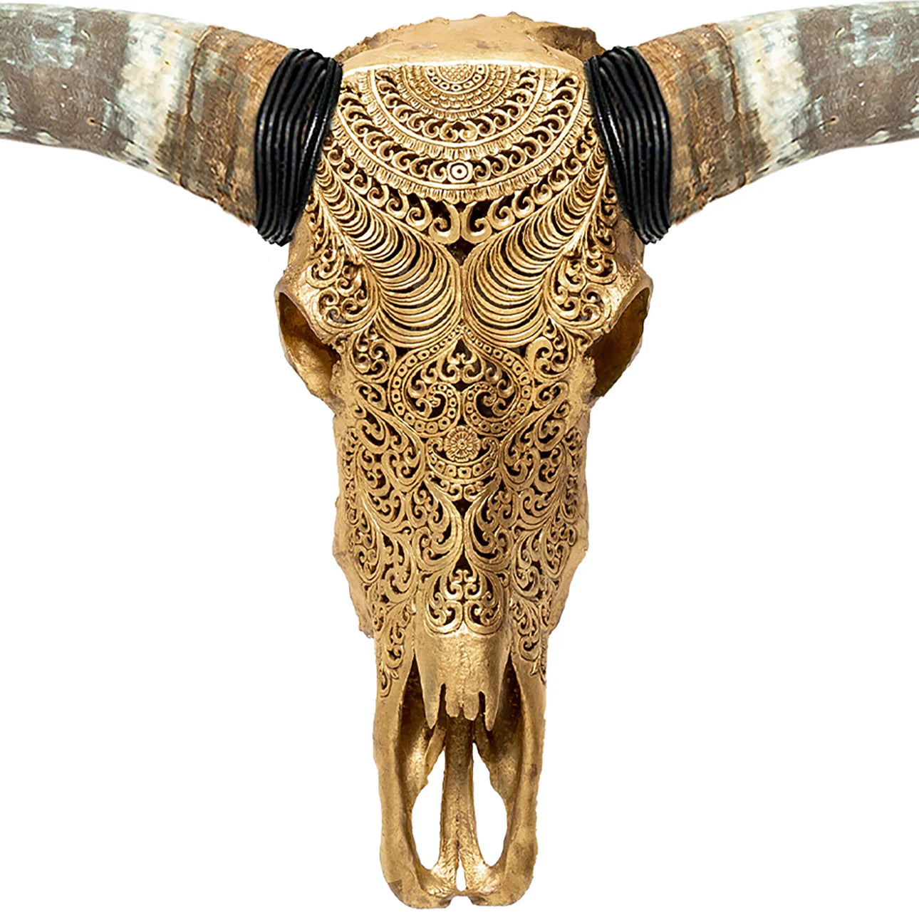 Gold Gypsy Soul Longhorn Skull - Gold Finish - Intricate Carving - Authentic Horns - The Boho House
