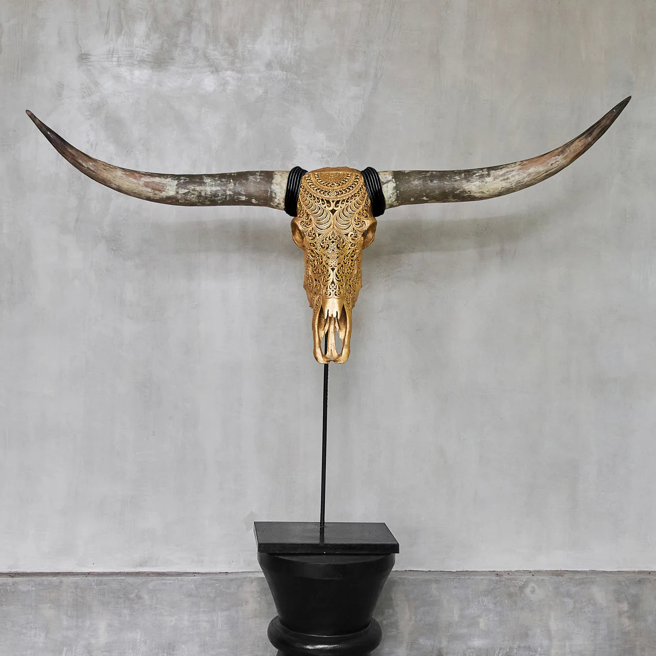 Gold Gypsy Soul Longhorn Skull - Skull Mount - Hand Carved Design - Gold Leaf Detailing - Skull Stand Mount - The Boho House