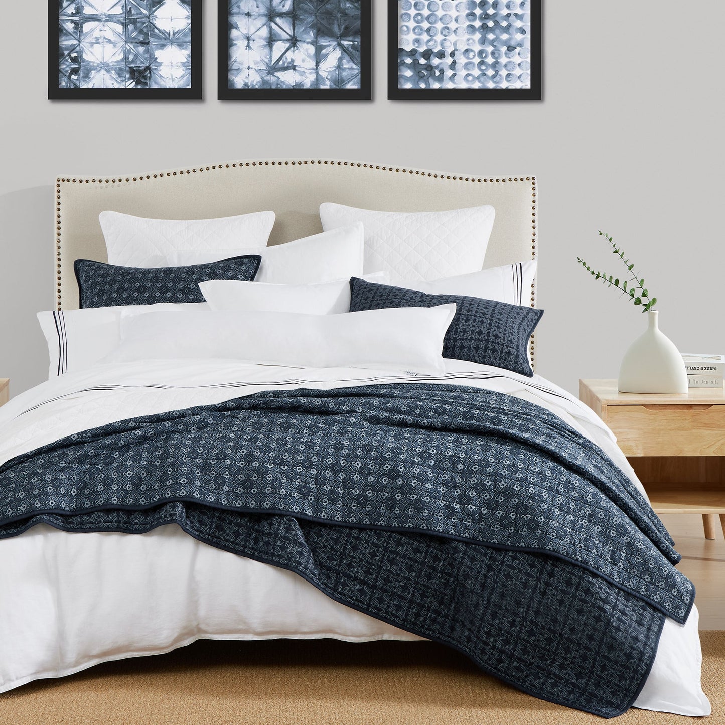 Octavia Reversible Quilt Set - Indigo Blue Shades - Medallion Pattern & pointillist diamond Pattern - The Boho House