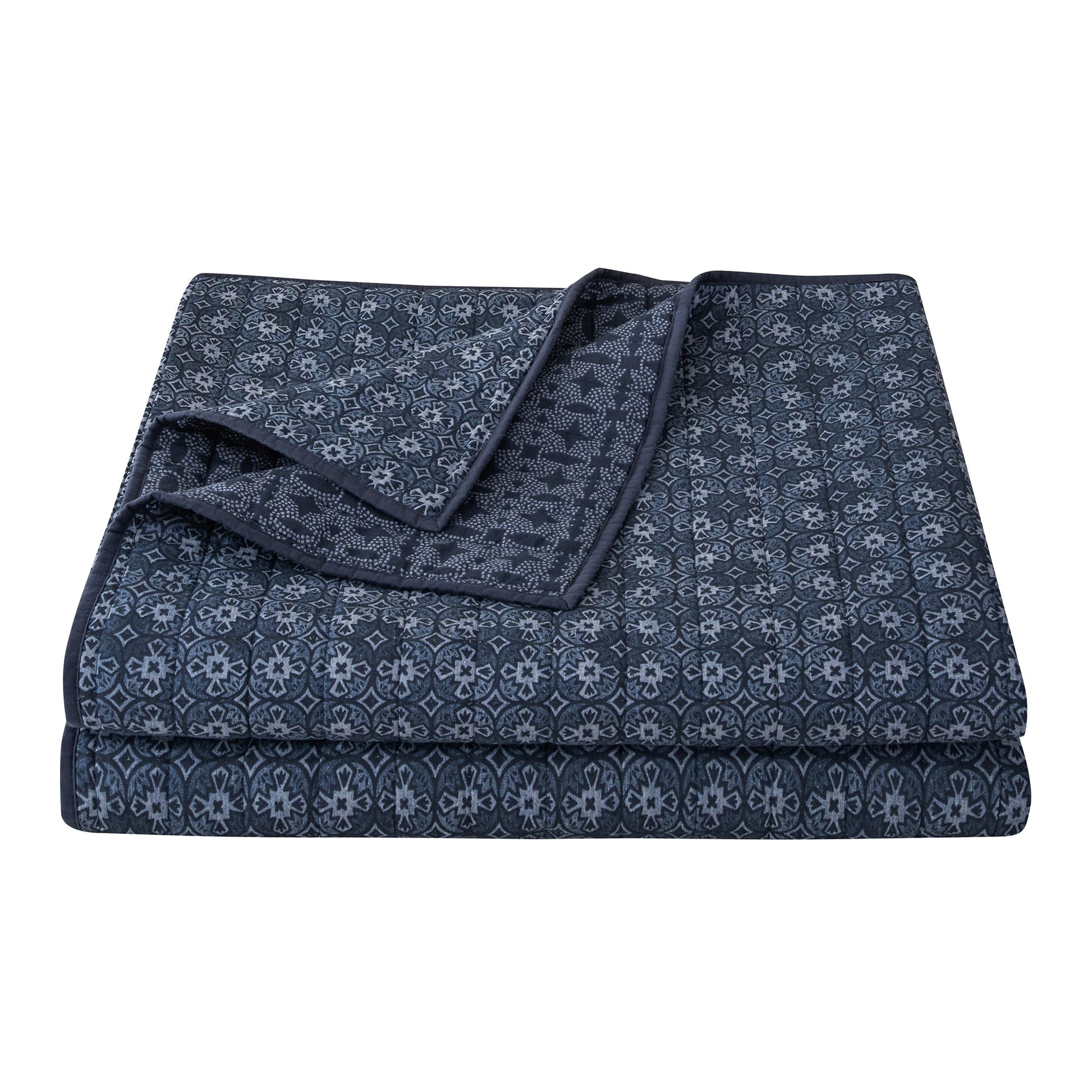 Octavia Reversible Quilt Set - Indigo Blue Shades - Medallion Pattern & pointillist diamond Pattern - The Boho House