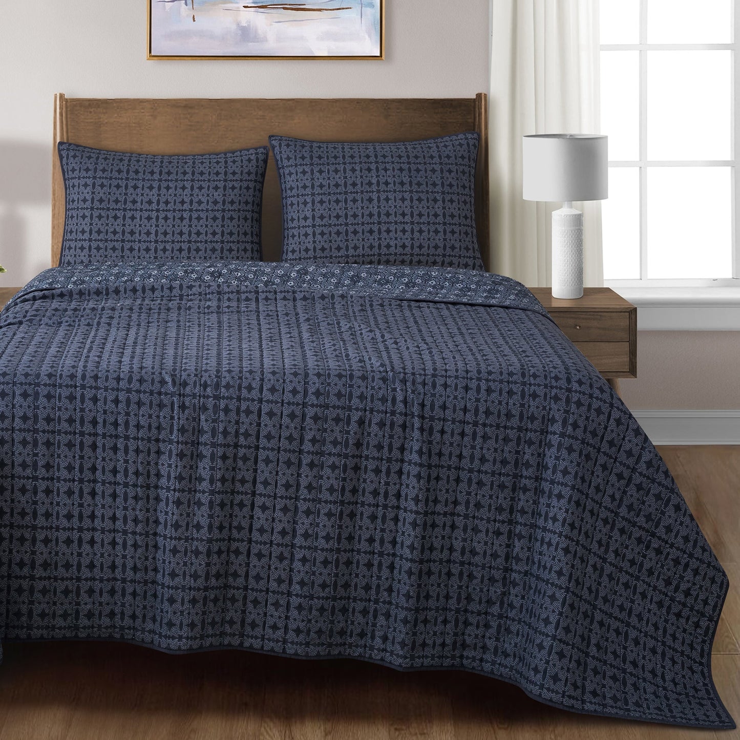 Octavia Reversible Quilt Set - Indigo Blue Shades - Medallion Pattern & pointillist diamond Pattern - The Boho House