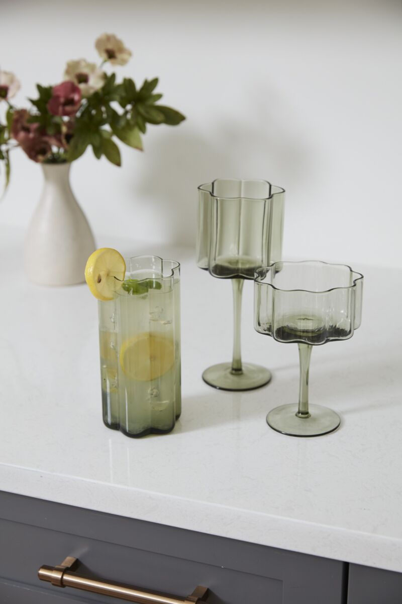 Pedal Drinkware - Wine Glass - Coupe Glass - Water Glass - Dishwasher safe - Scalloped Rim - Green/Grey Color - The Boho House