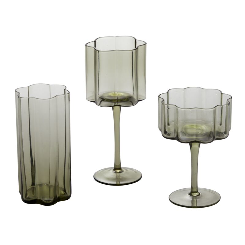 Pedal Drinkware - Wine Glass - Coupe Glass - Water Glass - Dishwasher safe - Scalloped Rim - Green/Grey Color - The Boho House