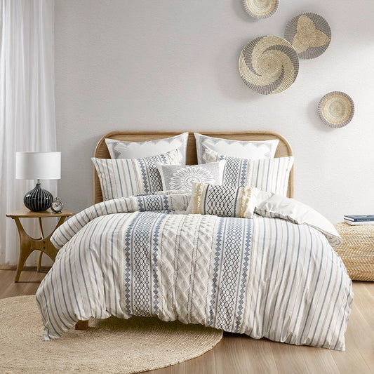 Adel Boho Comforter Set in white, blues and taupe - The Boho House Home Decor