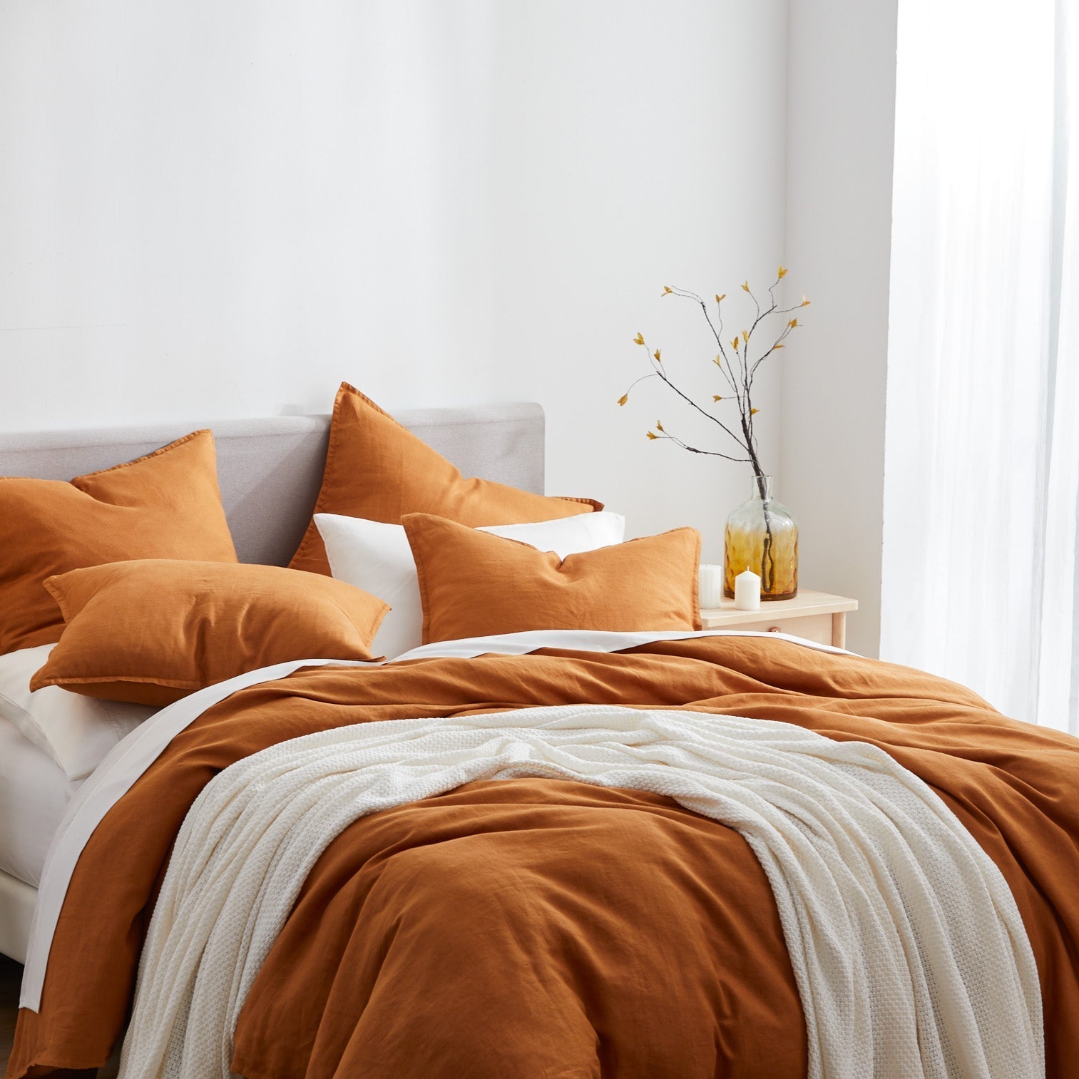 Burnt orange Combs Linen Duvet Cover Set - Boho House Home Decor