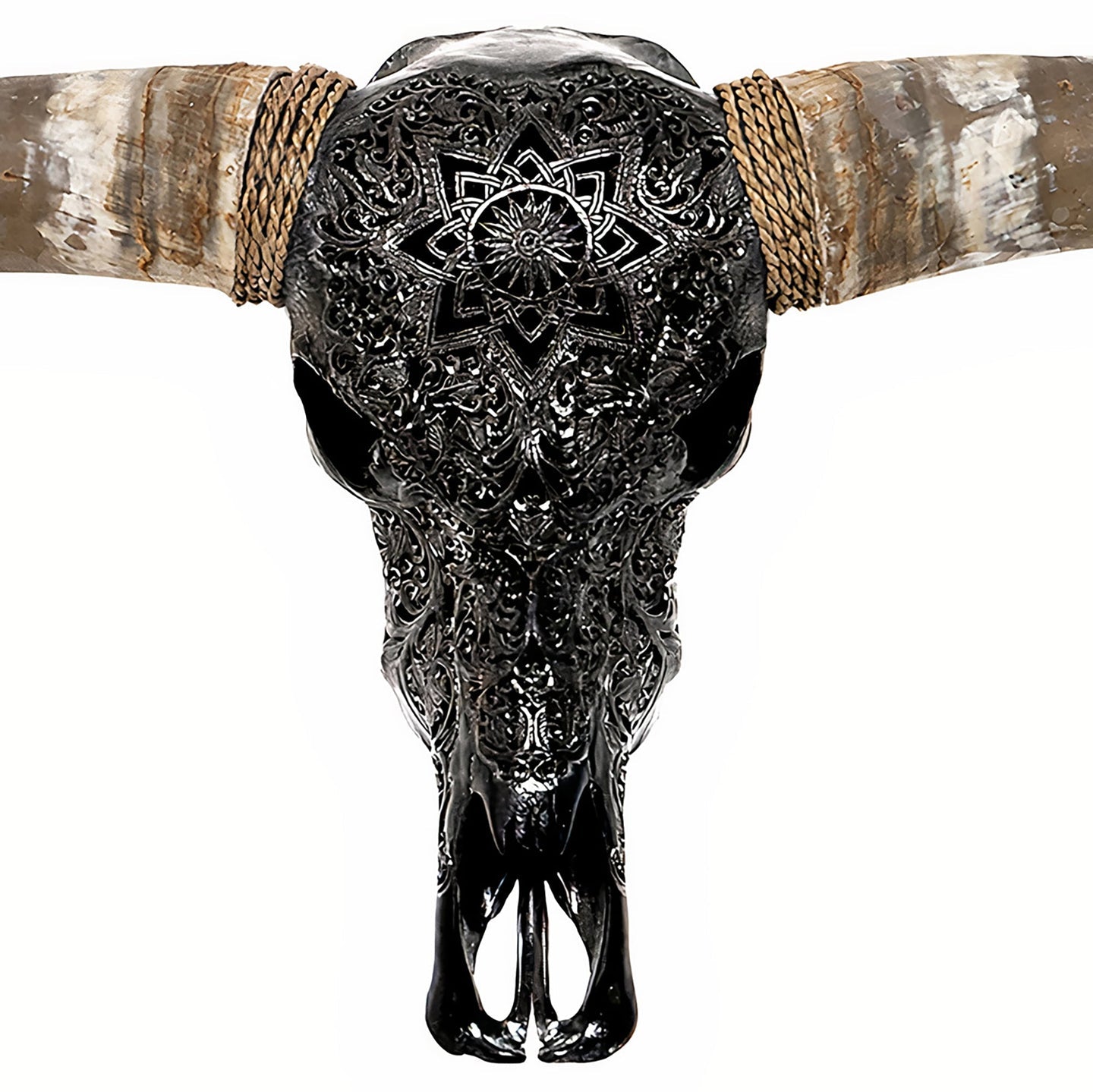 Black Flower Child Longhorn Skull - Carving Detail - The Boho House