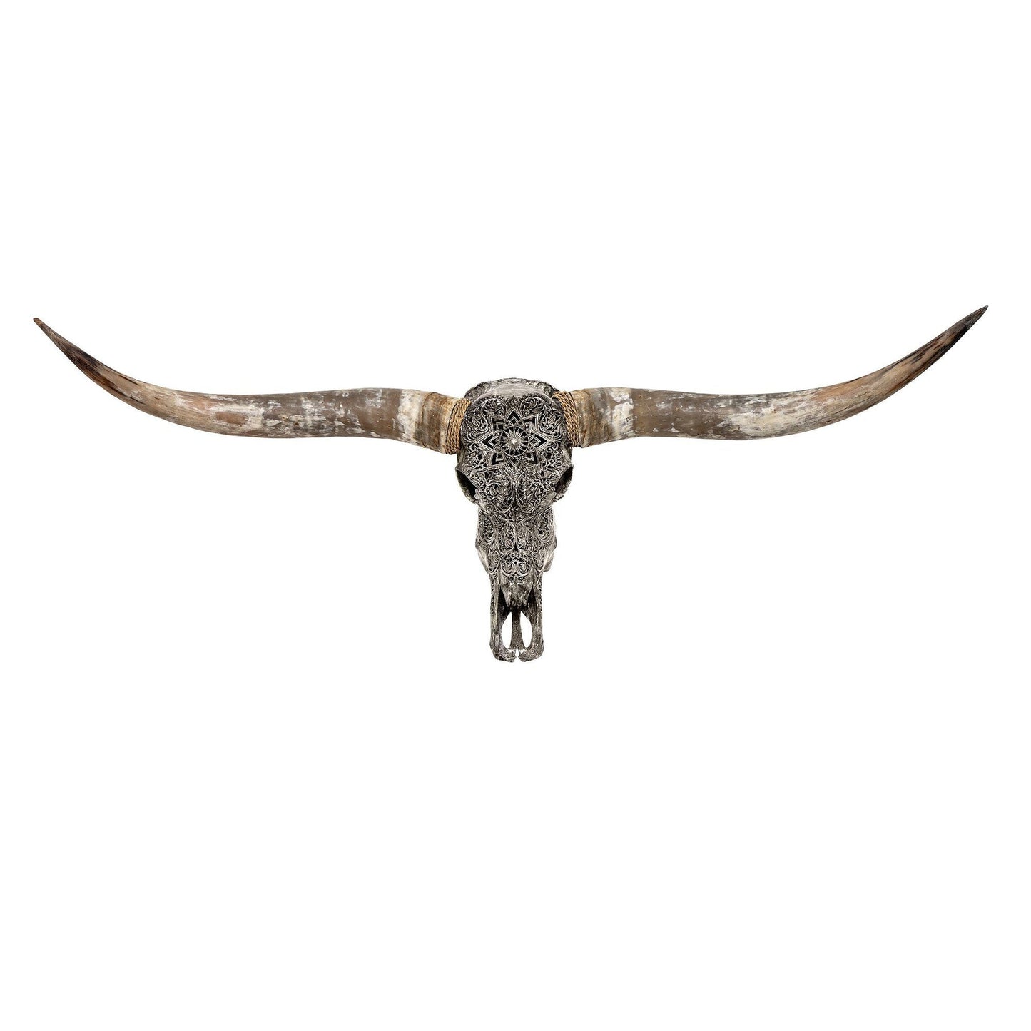 Grey Flower Child Longhorn Skull - Grey Mandala Design - Hand Carved Design - Longhorn Skull - Authentic Skull - Grey Finish - The Boho House