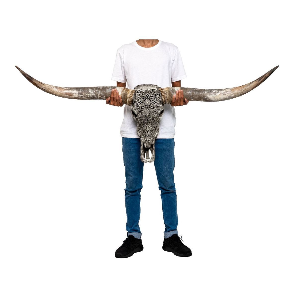 Grey Flower Child Longhorn Skull - Grey Mandala Design - Hand Carved Design - Longhorn Skull - Authentic Skull - Grey Finish - The Boho House
