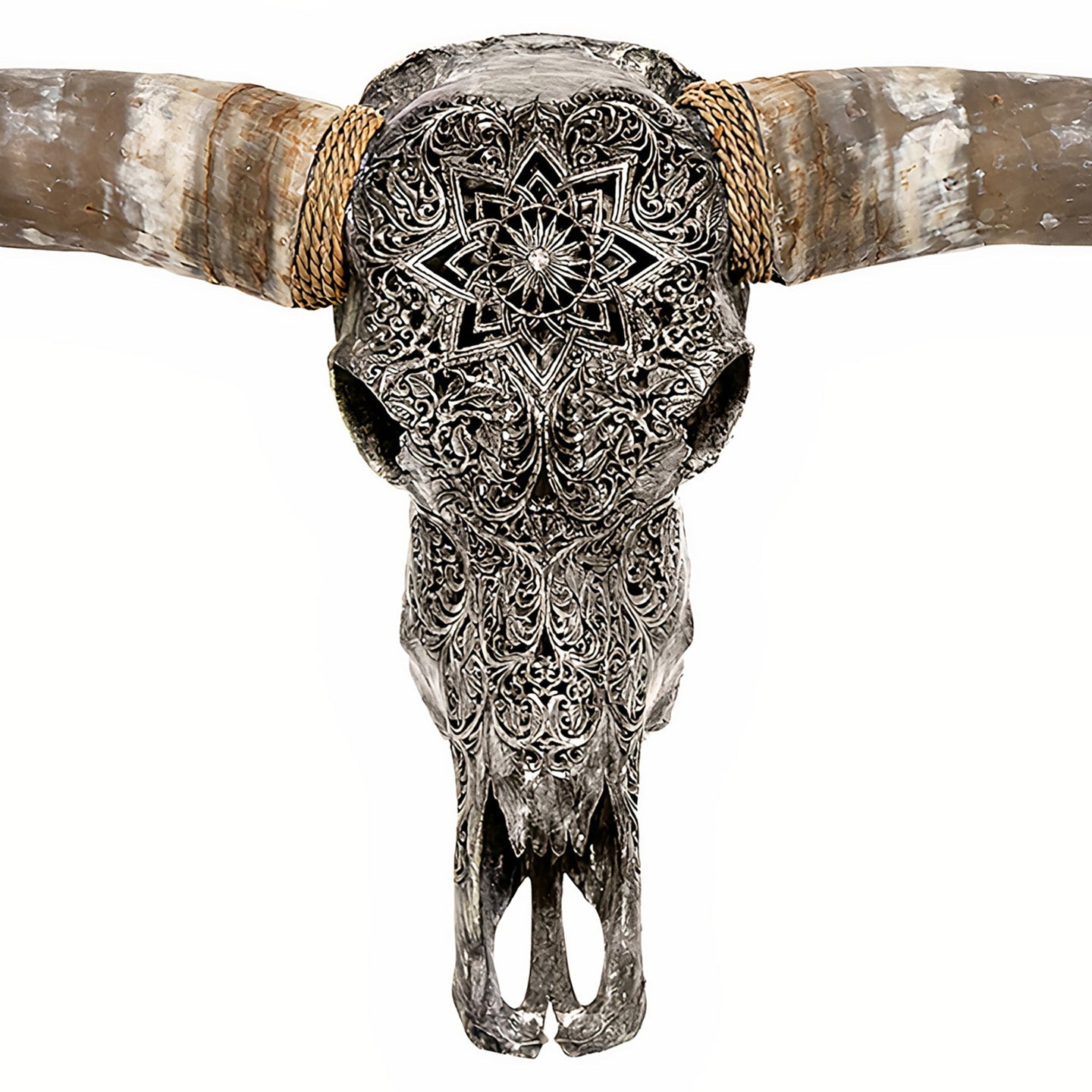 Grey Flower Child Longhorn Skull - Grey Mandala Design - Hand Carved Design - Longhorn Skull - Authentic Skull - Grey Finish - The Boho House