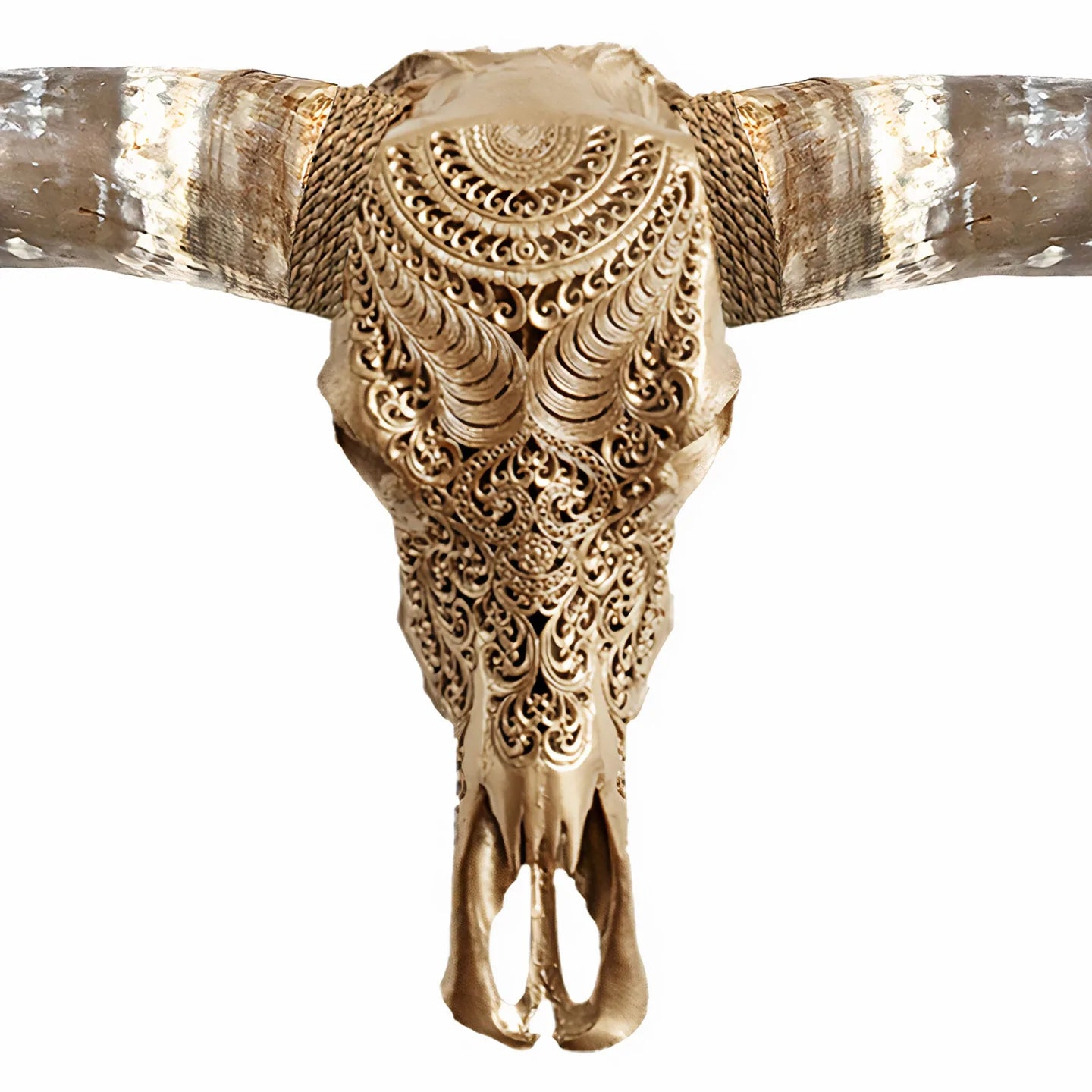 Gold Gypsy Soul Longhorn Skull - Bohemian Hand Carving w/ gold finish - Authentic Skull Mount - The Boho House