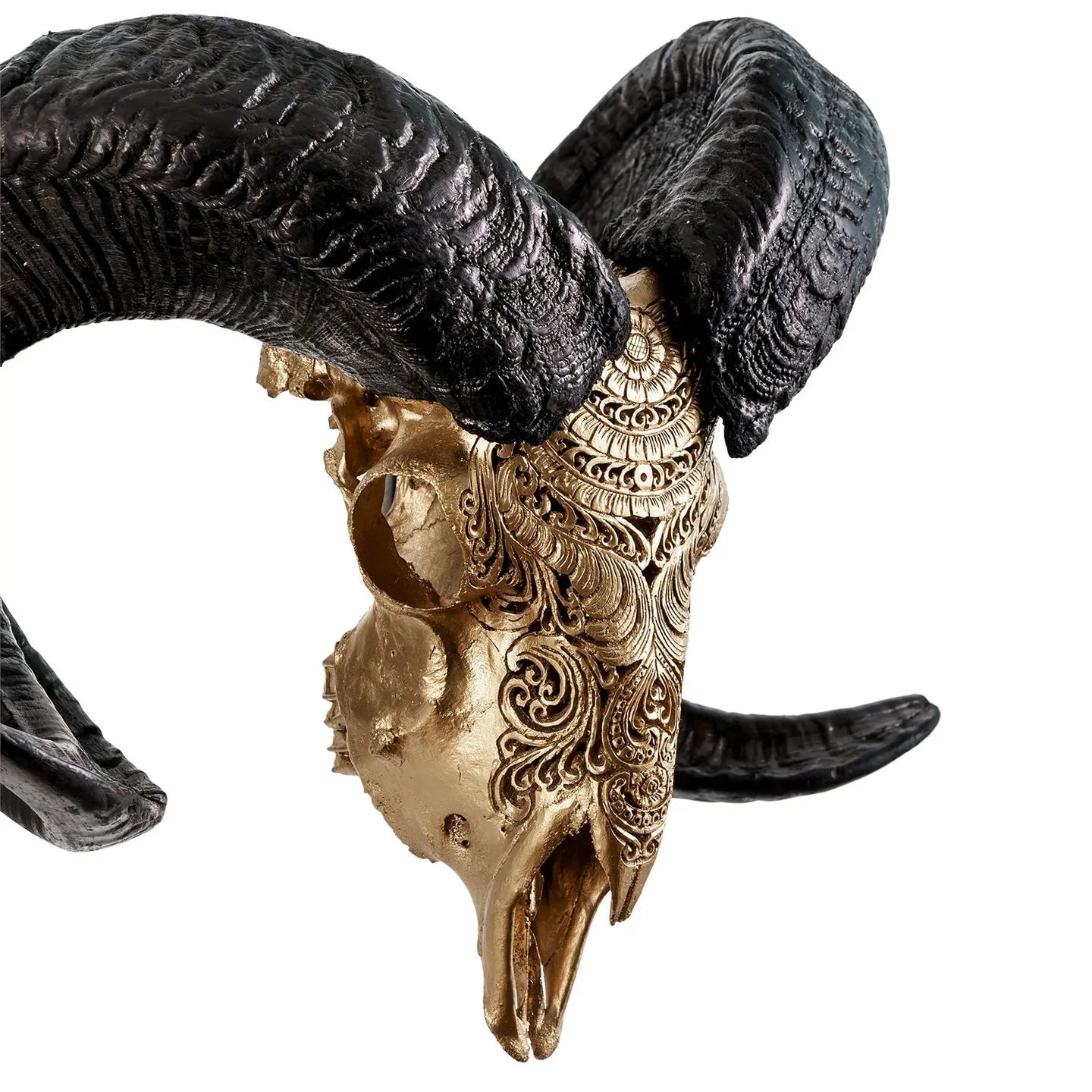 Gold Gypsy Soul Ram Skull - Gold Finish - Authentic Ram Skull - Hand Carved Bohemian Design - Ethnically Sourced - The Boho House