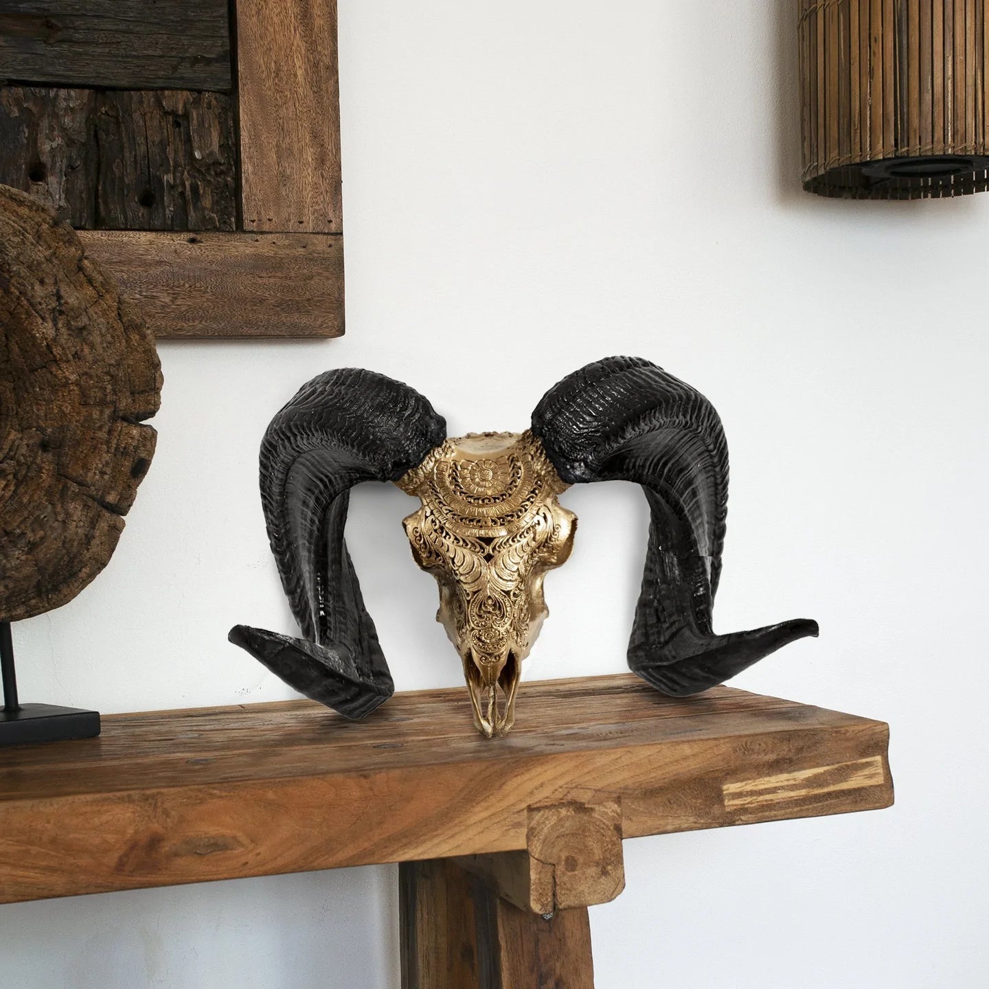 Gold Gypsy Soul Ram Skull - Ethnically Sourced Skulls - Gold Finish - Intricate Tribal Design - Hand Carved - The Boho House