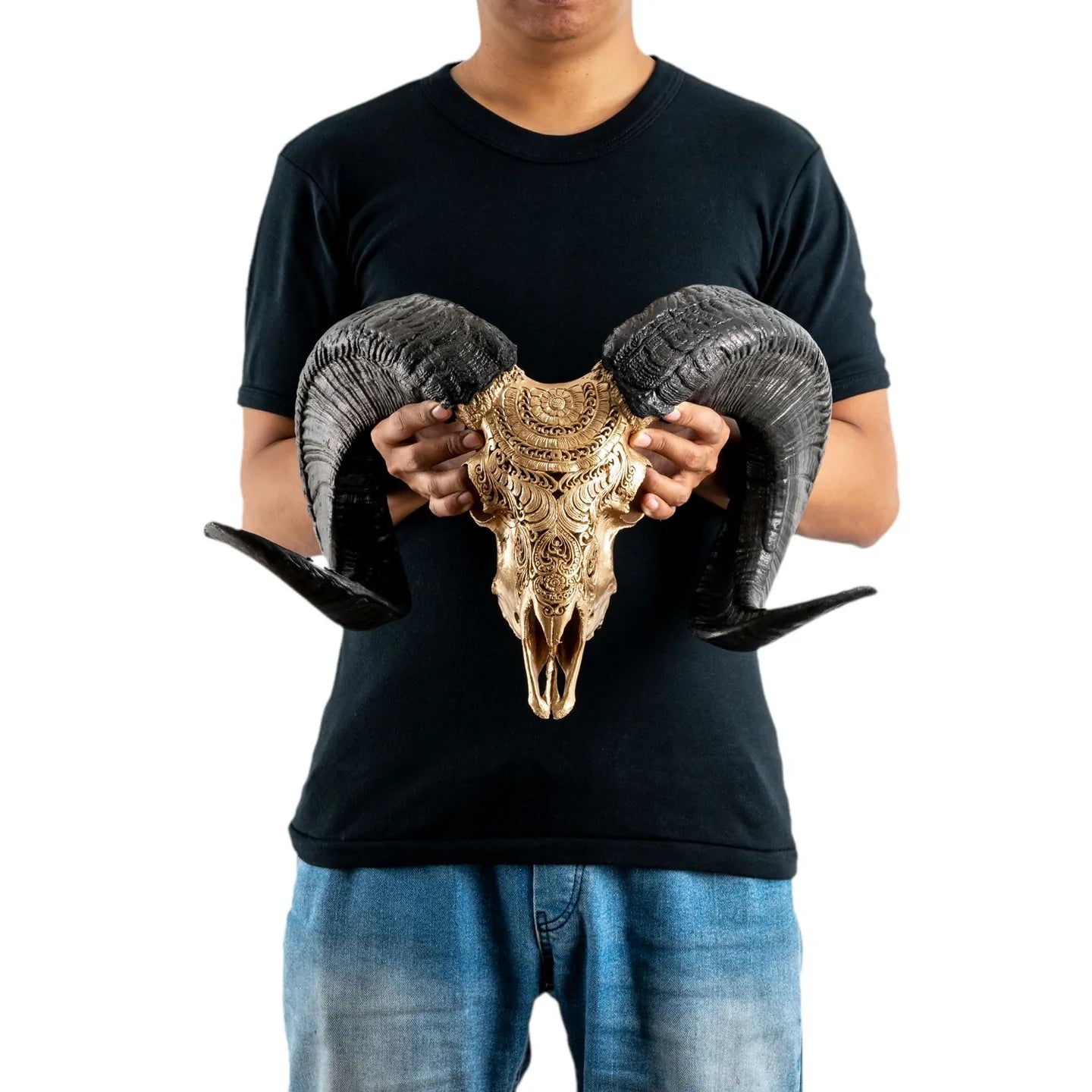Gold Gypsy Soul Ram Skull - Ethnically Sourced Skulls - Gold Finish - Intricate Tribal Design - Hand Carved - The Boho House