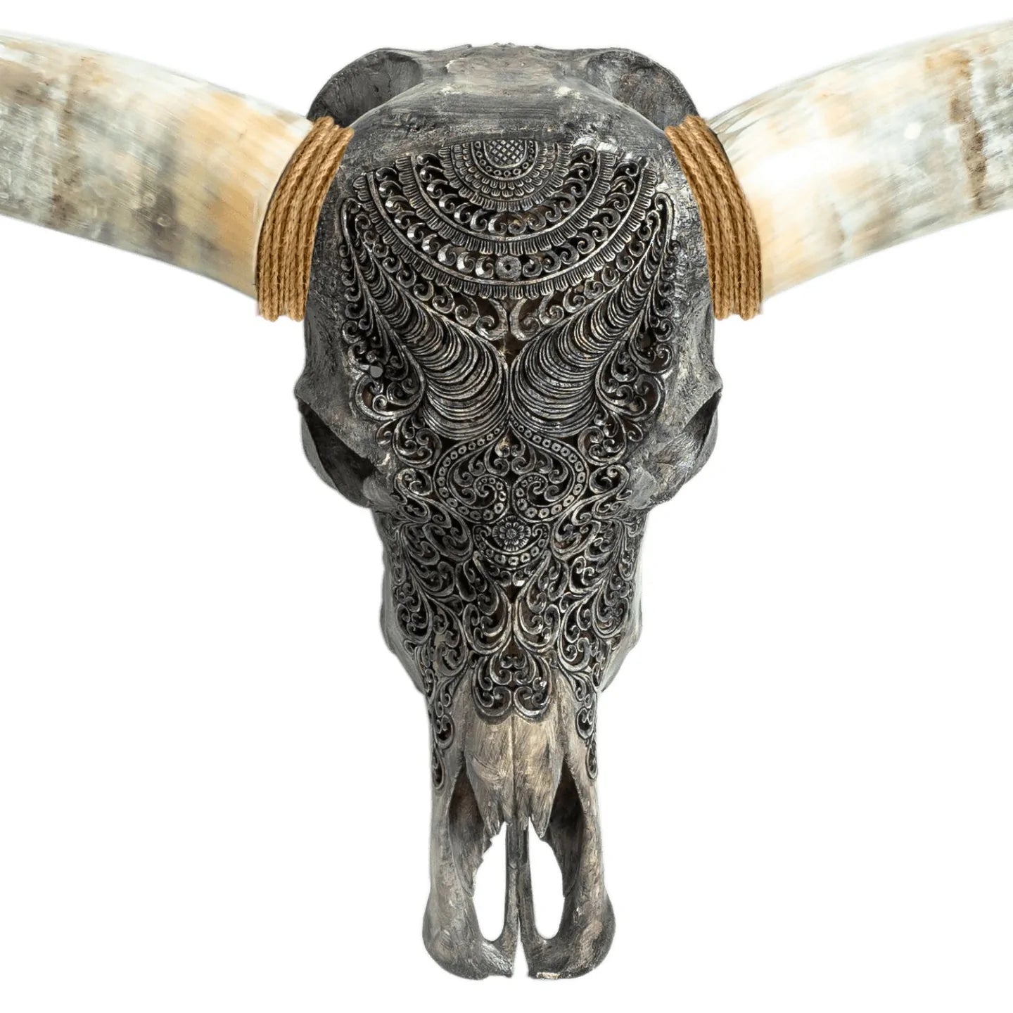 Grey Gypsy Soul Longhorn Skull - Authentic Longhorn - Hand Carved Skull - Ethnically Sourced - Grey Finish - The Boho House