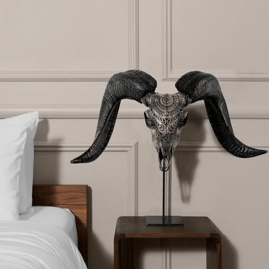 Grey Gypsy Soul Ram Skull - Ethnically Sourced - Hand Carved - Grey Finish - Ethnically Sourced - Skull Stand -The Boho House