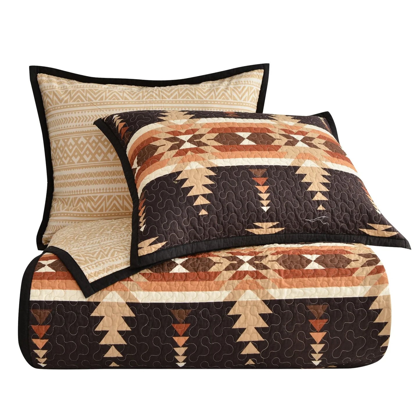 Maverick Bedding Set - Reversible Pattern - Brown, Beige & White - Aztec Pattern - Geometric Reverse Pattern - 3 Piece Quilt Set - 100% cotton - The Boho House