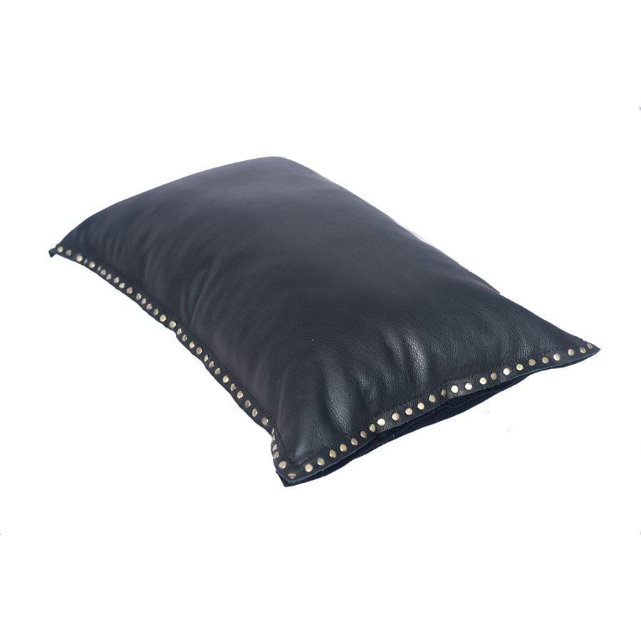 Midnight Black Leather Studded Pillow - Authentic Leather - Studded Pillow - 16" x 24" - Feather Insert - The Boho House