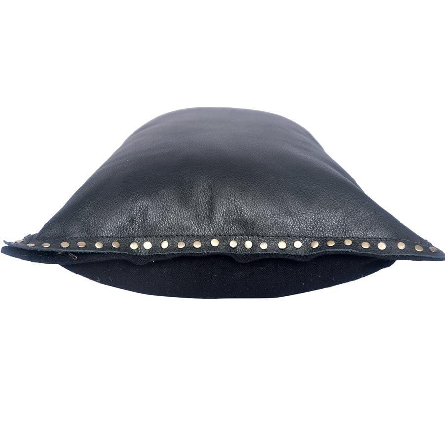 Midnight Black Leather Studded Pillow - Authentic Leather - Studded Pillow - 16" x 24" - Feather Insert - The Boho House