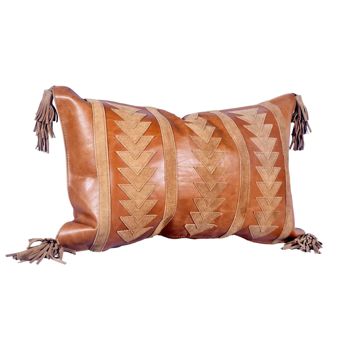 Straight as an Arrow Tobacco Leather Pillow - 100% leather - 12" x 20" - Feather fill - Tassel Corners - The Boho House